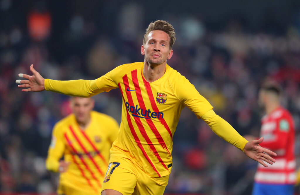 GRANADA, SPAIN - JANUARY 08: Luuk de Jong of FC Barcelona celebrates after scoring their team's first goal during the La Liga Santader match between Granada CF and FC Barcelona at the Nuevo Estadio de Los Cármenes in Granada, Spain.