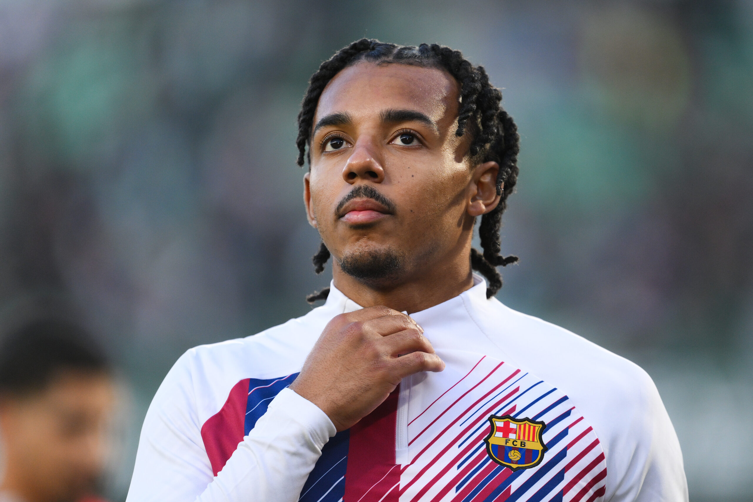 SEVILLE, SPAIN - JANUARY 21: Jules Kounde of FC Barcelona looks on during the LaLiga EA Sports match between Real Betis and FC Barcelona at Estadio Benito Villamarin on January 21, 2024 in Seville, Spain.