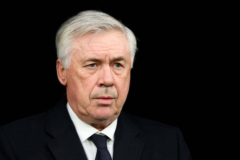 MADRID, SPAIN - JANUARY 21: Carlo Ancelotti, Head Coach of Real Madrid, looks on prior to the LaLiga EA Sports match between Real Madrid CF and UD Almeria at Estadio Santiago Bernabeu on January 21, 2024 in Madrid, Spain.