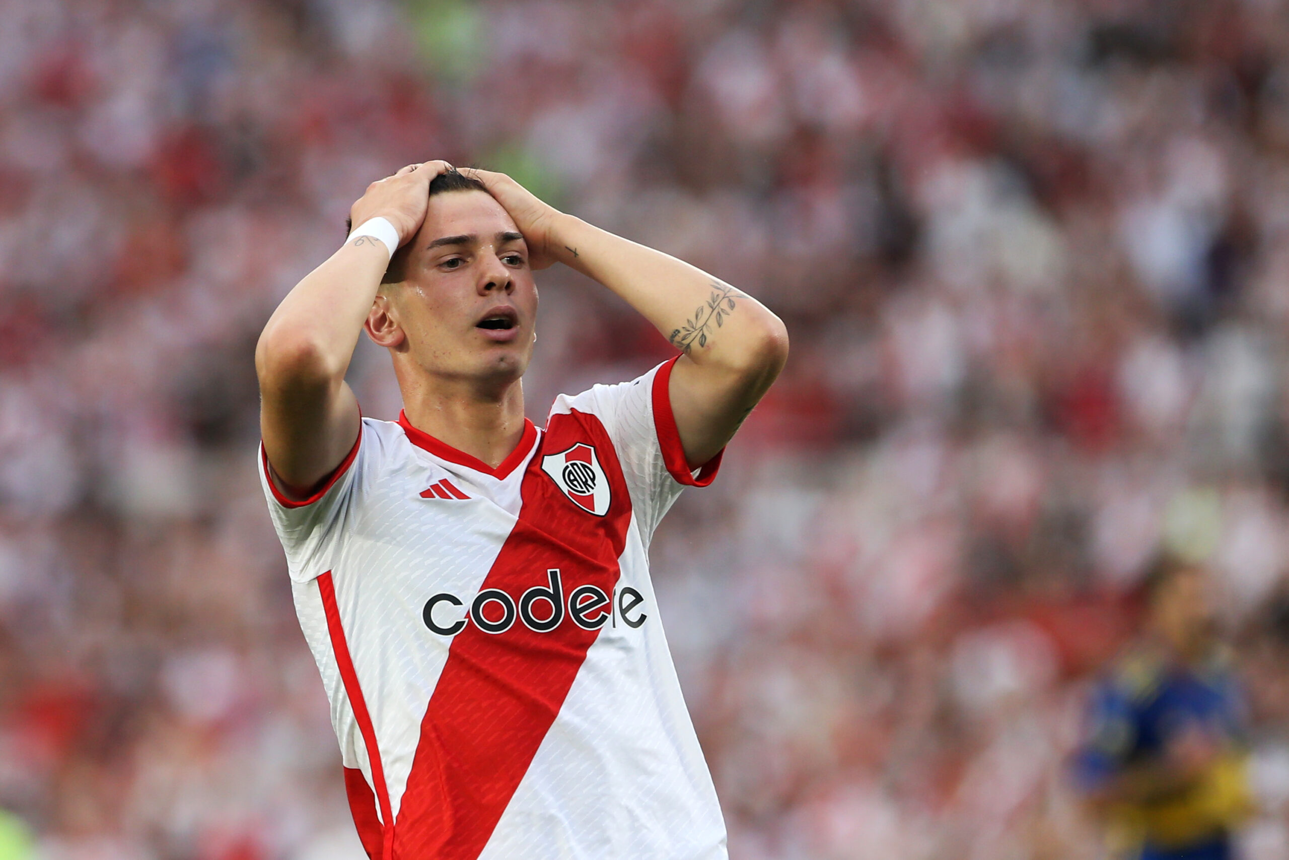 BUENOS AIRES, ARGENTINA - FEBRUARY 25: Franco Mastantuono of River Plate reacts after missing a chance to score during a Copa de la Liga Profesional 2024 derby match between River Plate and Boca Juniors at Estadio Más Monumental Antonio Vespucio Liberti on February 25, 2024 in Buenos Aires, Argentina.