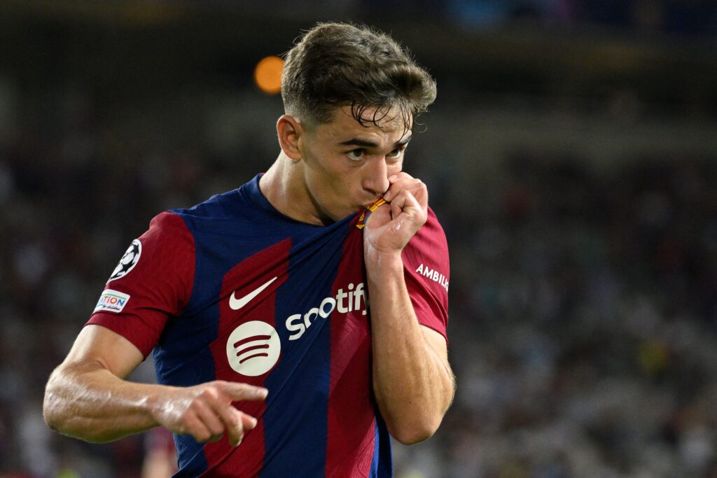 TOPSHOT - Barcelona's Spanish midfielder #06 Gavi celebrates after scoring his team's fourth goal during the UEFA Champions League 1st round day 1 Group H football match between FC Barcelona and Royal Antwerp FC at the Estadi Olimpic Lluis Companys in Barcelona on September 19, 2023.