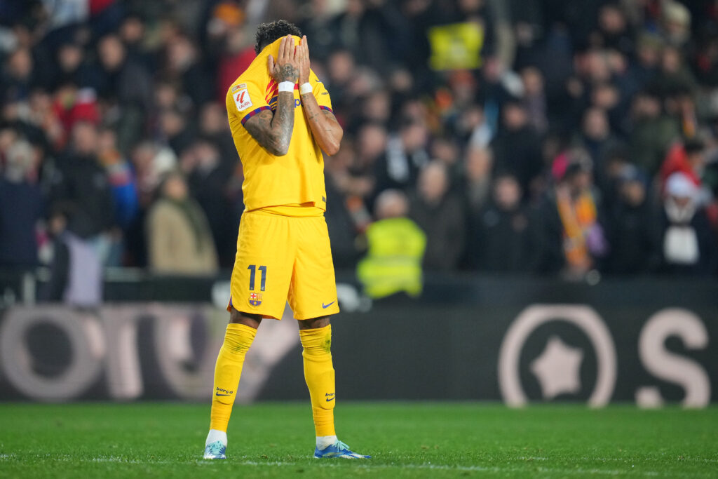 VALENCIA, SPAIN - DECEMBER 16: Raphinha of FC Barcelona reacts after the LaLiga EA Sports match between Valencia CF and FC Barcelona at Estadio Mestalla on December 16, 2023 in Valencia, Spain.