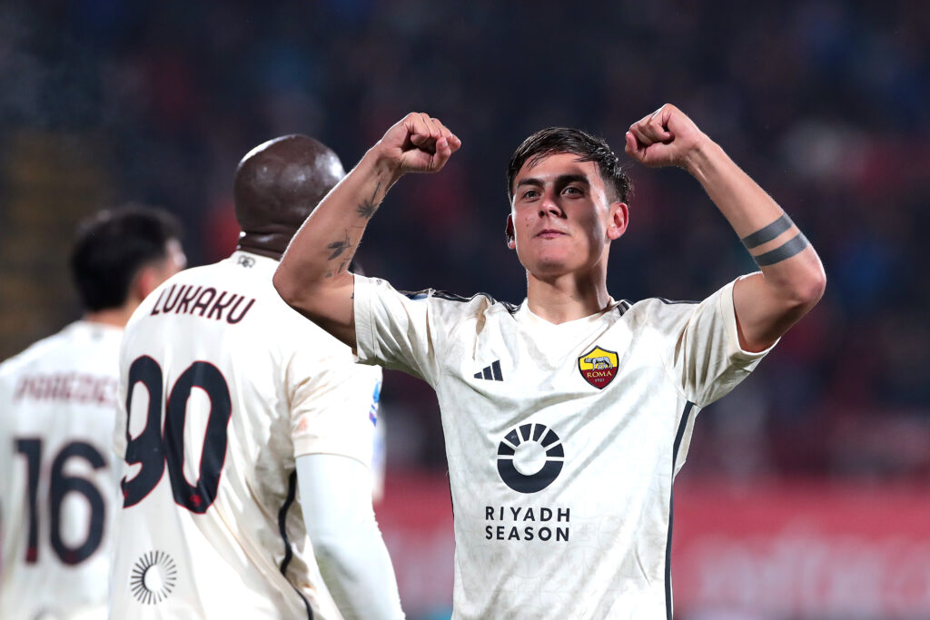 MONZA, ITALY - MARCH 02: Paulo Dybala of AS Roma celebrates scoring his team's third goal during the Serie A TIM match between AC Monza and AS Roma - Serie A TIM at the U-Power Stadium on March 02, 2024 in Monza, Italy.