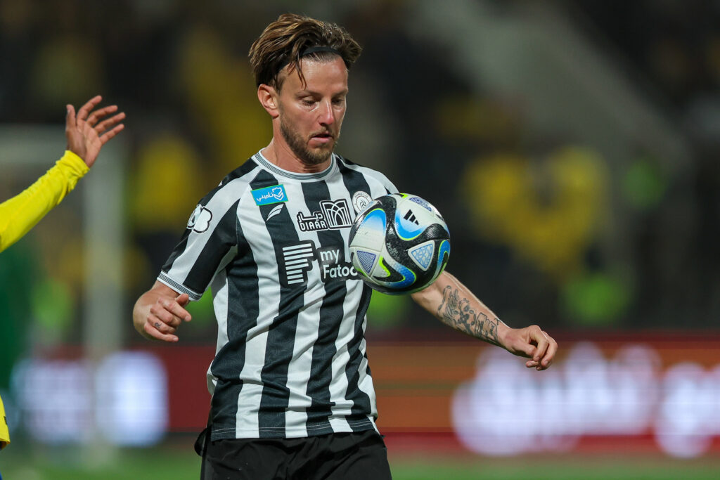 RIYADH, SAUDI ARABIA - FEBRUARY 25: Ivan Rakitic Battling for the ball during the Saudi Pro League match between Al-Shabab and Al-Nassr at Al-Shabab Club Stadium on February 25, 2024 in Riyadh, Saudi Arabia.