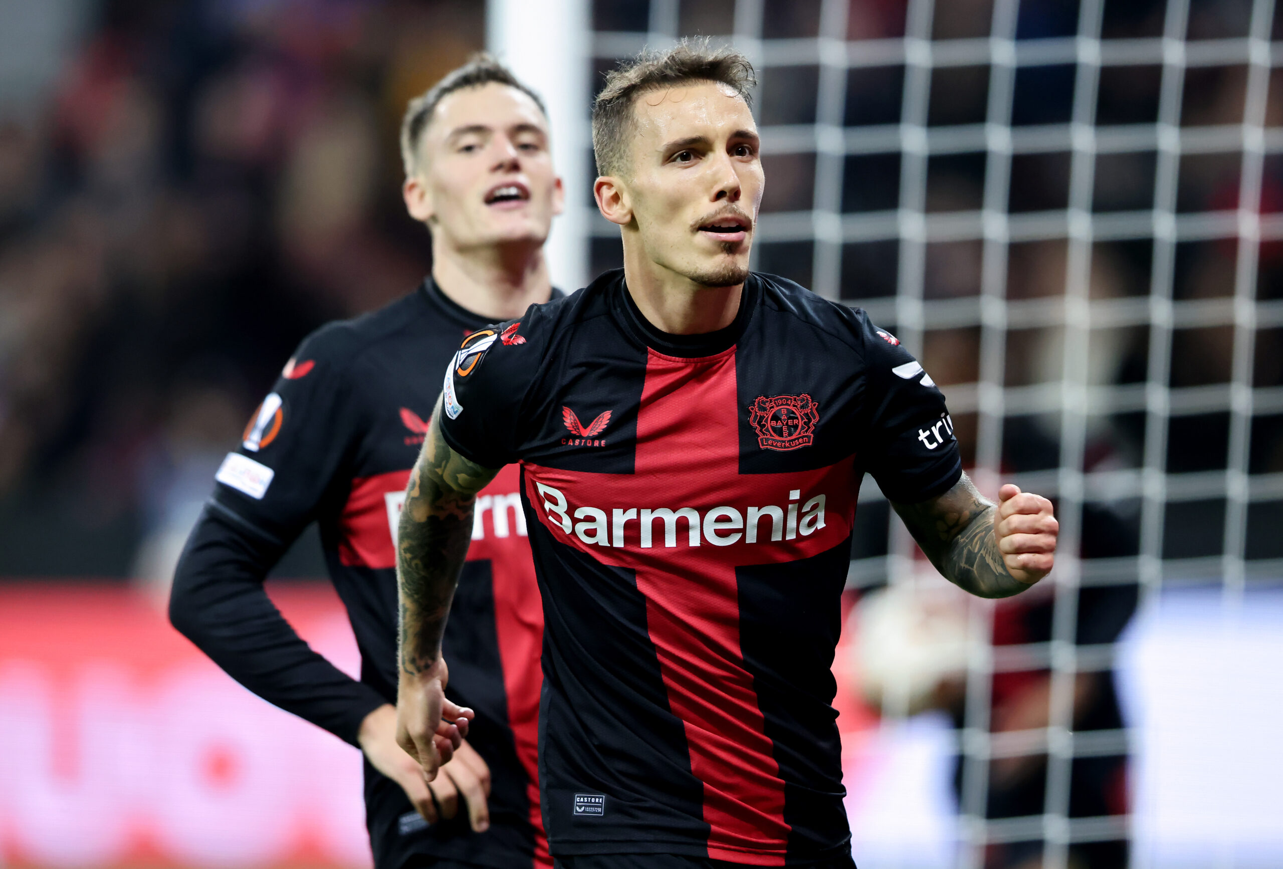 LEVERKUSEN, GERMANY - OCTOBER 26: Alex Grimaldo of Bayer Leverkusen celebrates after scoring the team's second goal during the UEFA Europa League 2023/24 match between Bayer 04 Leverkusen and Qarabag FK at BayArena on October 26, 2023 in Leverkusen, Germany.