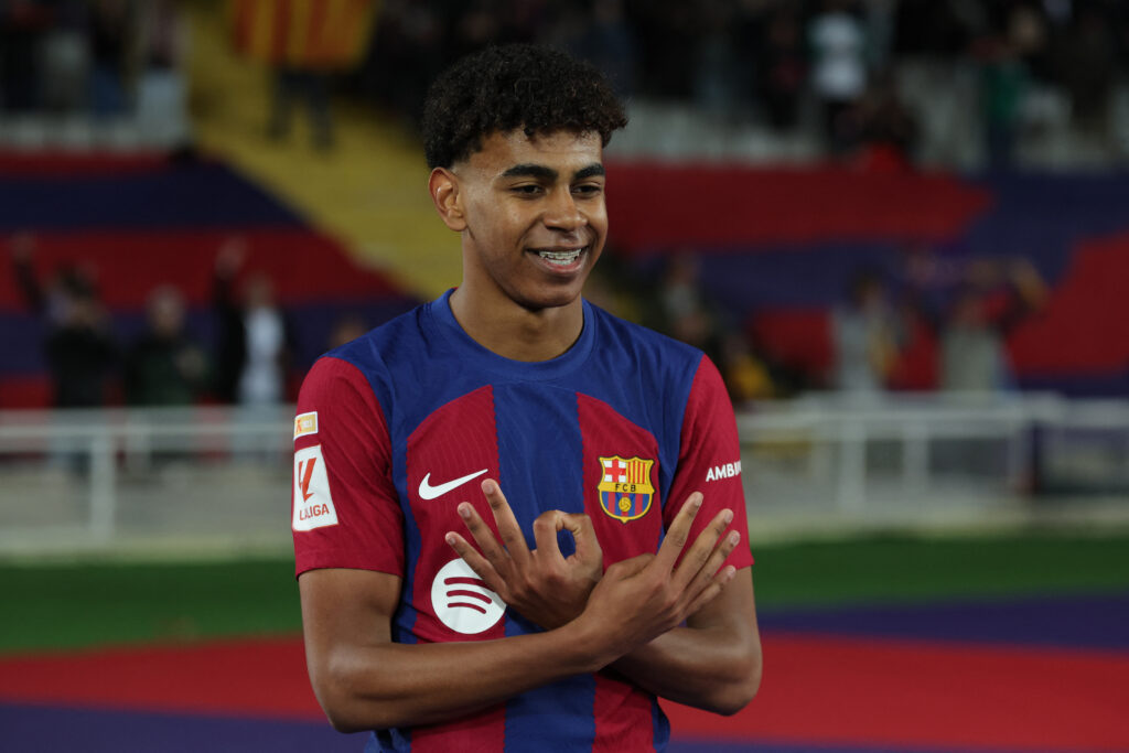 Barcelona's Spanish forward #27 Lamine Yamal celebrates scoring his team's first goal during the Spanish league football match between FC Barcelona and RCD Mallorca at the Estadi Olimpic Lluis Companys in Barcelona on March 8, 2024.