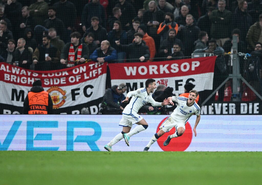 FC Copenhagen's Sweden's forward #40 Roony Bardghji (L) celebrates after scoring the 4-3 during the UEFA Champions League Group A football match between FC Copenhagen and Manchester United FC in Copenhagen, Denmark on November 8, 2023.