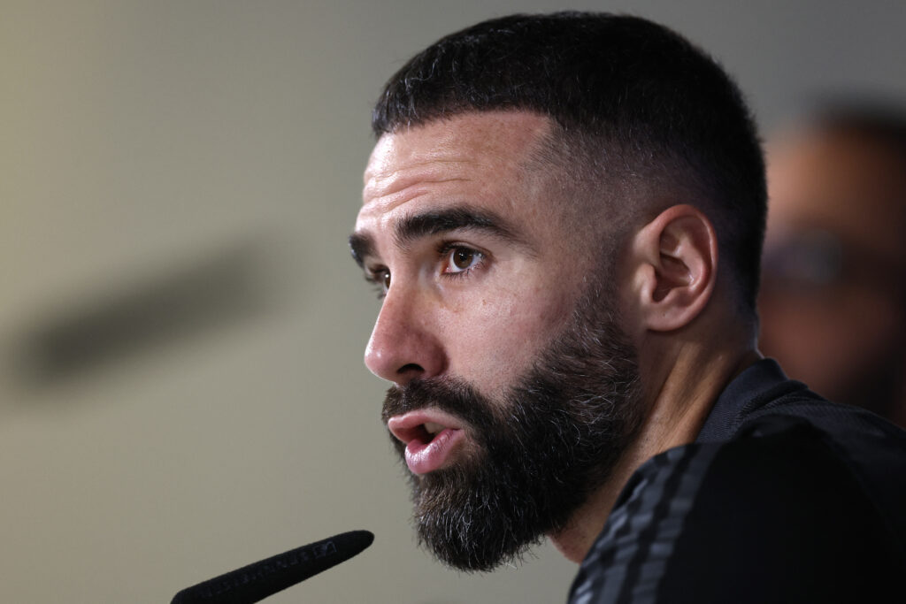 Real Madrid's Spanish defender Dani Carvajal holds a press conference at the Real Madrid Sport City in Valdebebas, on the outskirts of Madrid on November 28, 2023 on the eve of the UEFA Champions League first round group C football match between Real Madrid CF and SSC Naples.