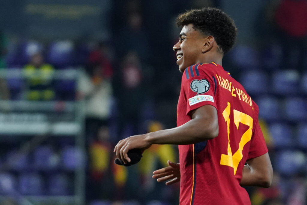 Barcelona and Spain's forward #17 Lamine Yamal celebrates at the end of the UEFA Euro 2024 group A qualifying football match between Spain and Georgia at the Jose Zorrilla stadium in Valladolid on November 19, 2023.