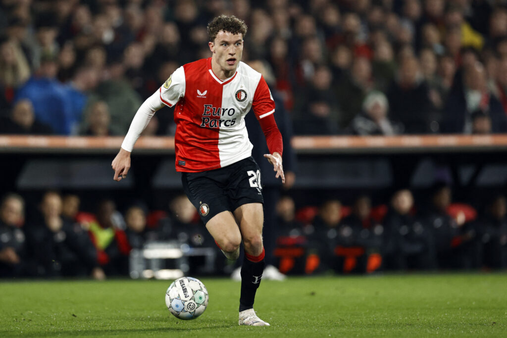 Feyenoord's Dutch midfielder Mats Wieffer controls the ball during the quarterfinal football match of the KNVB Cup between Feyenoord and AZ Alkmaar at the Feyenoord Stadium de Kuip in Rotterdam on February 7, 2024.