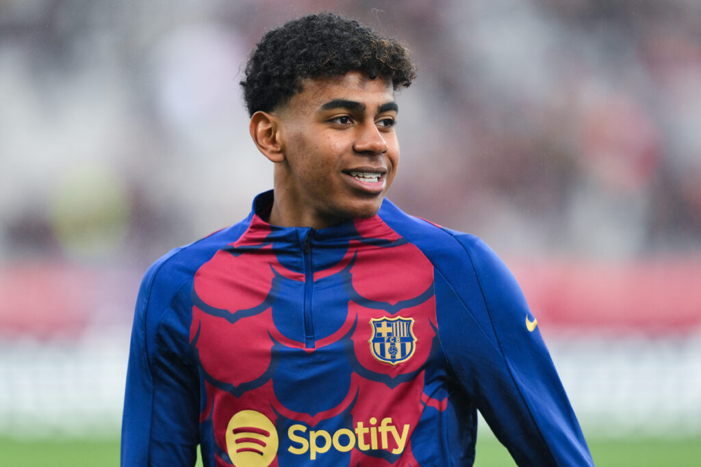 BARCELONA, SPAIN - FEBRUARY 24: Lamine Yamal of FC Barcelona looks on prior to the LaLiga EA Sports match between FC Barcelona and Getafe CF at Estadi Olimpic Lluis Companys on February 24, 2024 in Barcelona, Spain.