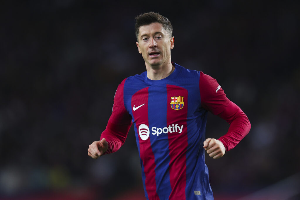 BARCELONA, SPAIN - MARCH 12: Robert Lewandowski of FC Barcelona looks on during the UEFA Champions League 2023/24 round of 16 second leg match between FC Barcelona and SSC Napoli at Estadi Olimpic Lluis Companys on March 12, 2024 in Barcelona, Spain.