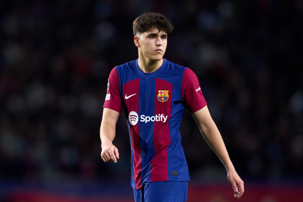 BARCELONA, SPAIN - MARCH 12: Pau Cubarsi of FC Barcelona looks on during the UEFA Champions League 2023/24 round of 16 second leg match between FC Barcelona and SSC Napoli at Estadi Olimpic Lluis Companys on March 12, 2024 in Barcelona, Spain.