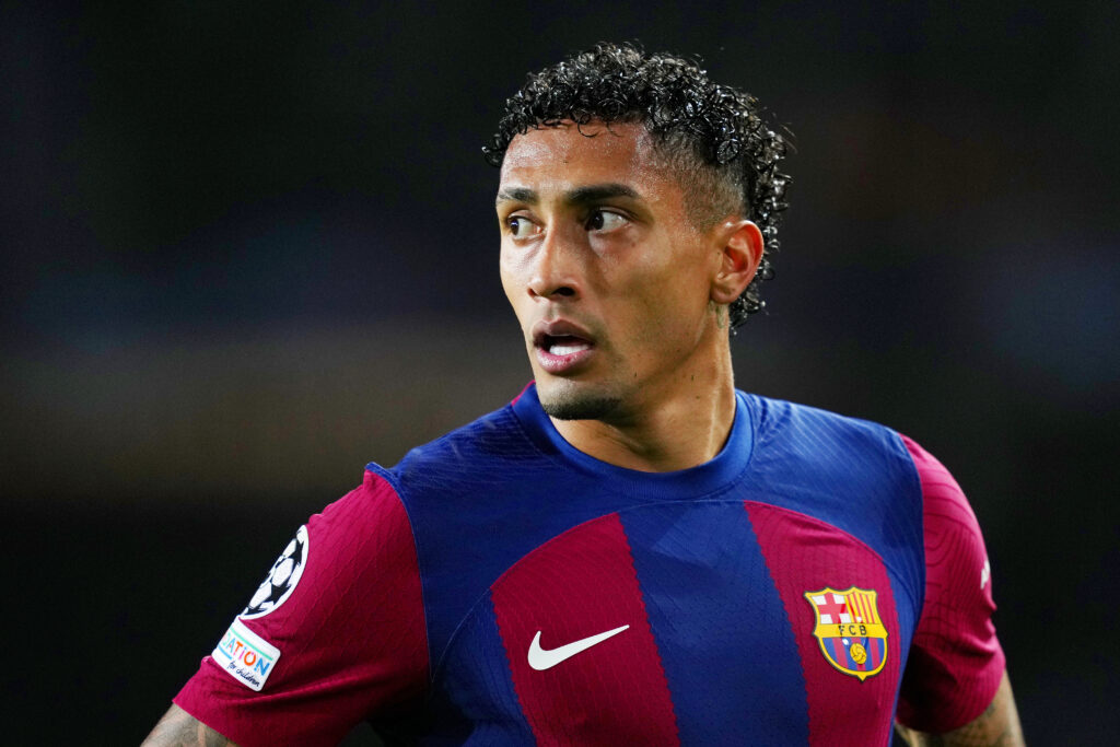 BARCELONA, SPAIN - MARCH 12: Raphinha of FC Barcelona looks on during the UEFA Champions League 2023/24 round of 16 second leg match between FC Barcelona and SSC Napoli at Estadi Olimpic Lluis Companys on March 12, 2024 in Barcelona, Spain.