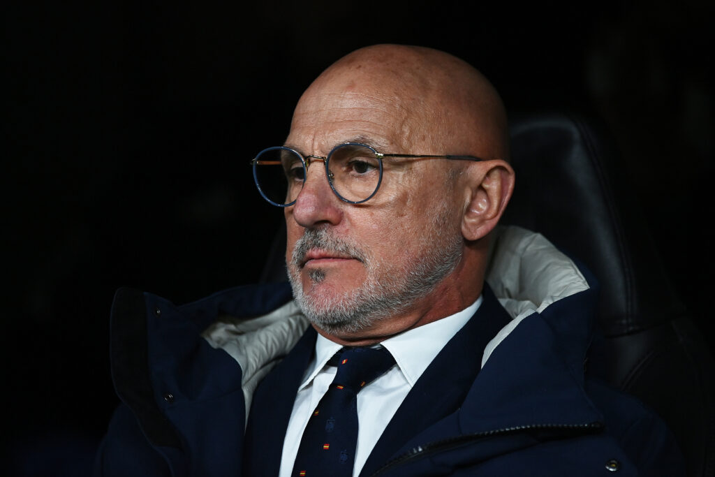 MADRID, SPAIN - MARCH 26: Luis de la Fuente, Head Coach of Spain, looks on prior to the friendly match between Spain and Brazil at Estadio Santiago Bernabeu on March 26, 2024 in Madrid, Spain.