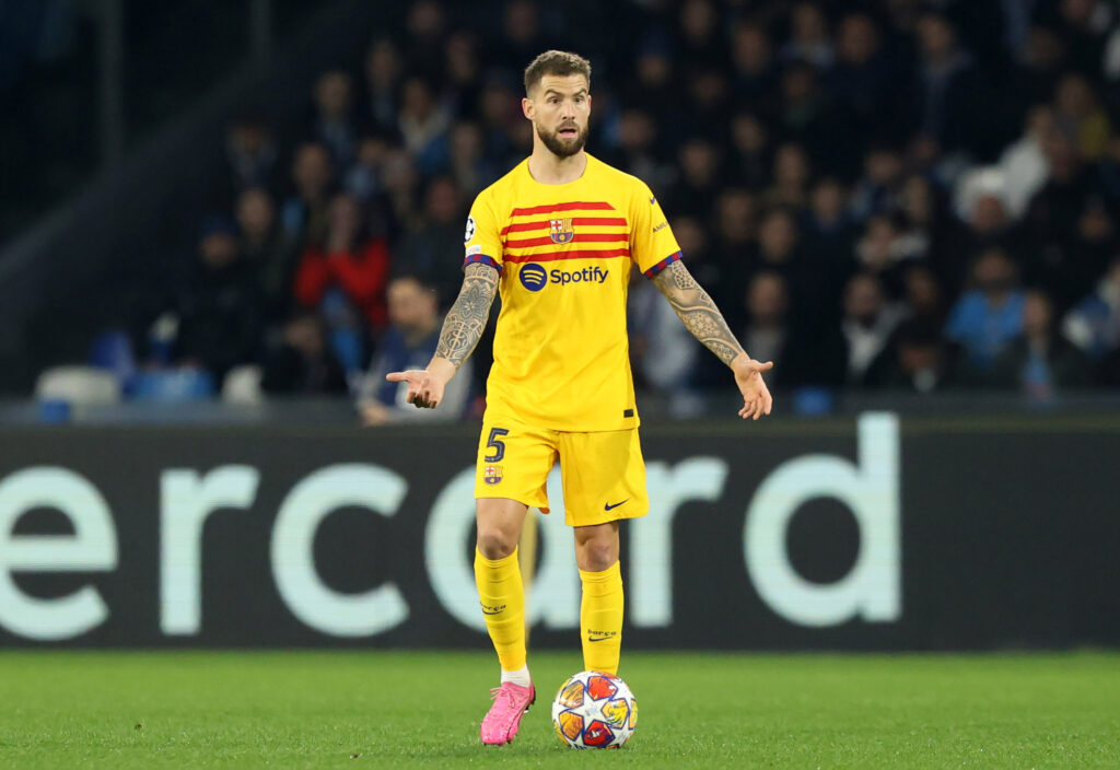 NAPLES, ITALY - FEBRUARY 21: Inigo Martinez of FC Barcellona during the UEFA Champions League 2023/24 round of 16 first leg match between SSC Napoli and FC Barcelona at Stadio Diego Armando Maradona on February 21, 2024 in Naples, Italy.