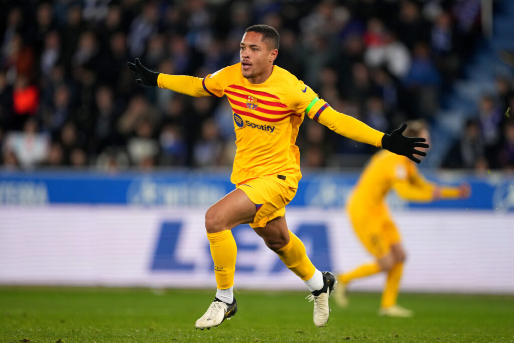 VITORIA-GASTEIZ, SPAIN - FEBRUARY 03: Vitor Roque of FC Barcelona celebrates scoring his team's third goal during the LaLiga EA Sports match between Deportivo Alaves and FC Barcelona at Estadio de Mendizorroza on February 03, 2024 in Vitoria-Gasteiz, Spain.