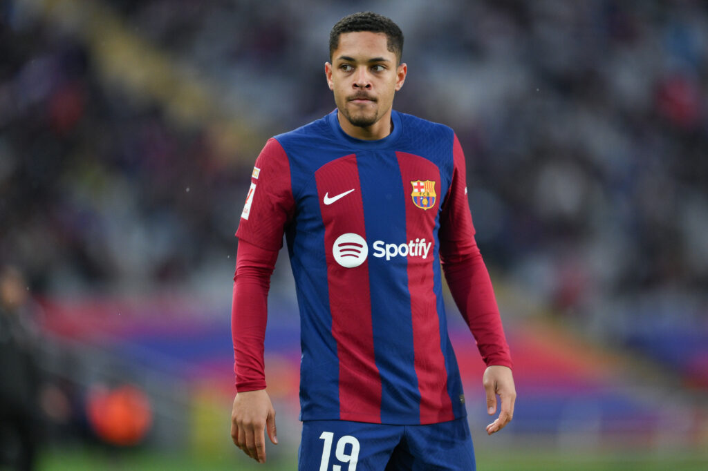 BARCELONA, SPAIN - FEBRUARY 24: Vitor Roque of FC Barcelona looks on during the LaLiga EA Sports match between FC Barcelona and Getafe CF at Estadi Olimpic Lluis Companys on February 24, 2024 in Barcelona, Spain.