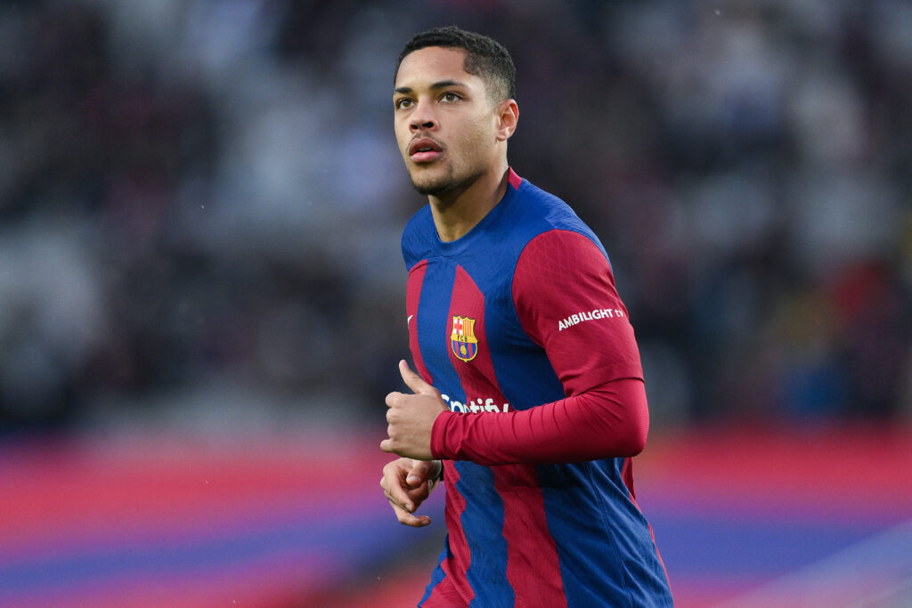 BARCELONA, SPAIN - FEBRUARY 24: Vitor Roque of FC Barcelona looks on during the LaLiga EA Sports match between FC Barcelona and Getafe CF at Estadi Olimpic Lluis Companys on February 24, 2024 in Barcelona, Spain.