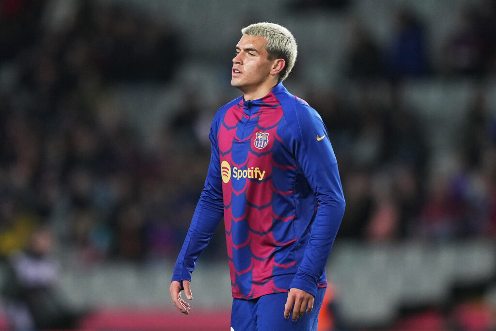 BARCELONA, SPAIN - MARCH 08: Marc Guiu of FC Barcelona looks on whilst warming up prior to the LaLiga EA Sports match between FC Barcelona and RCD Mallorca at Estadi Olimpic Lluis Companys on March 08, 2024 in Barcelona, Spain.