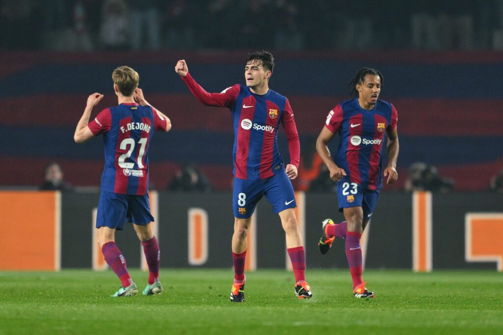 BARCELONA, SPAIN - JANUARY 27: Pedri of FC Barcelona celebrates scoring his team's second goal during the LaLiga EA Sports match between FC Barcelona and Villarreal CF at Estadi Olimpic Lluis Companys on January 27, 2024 in Barcelona, Spain.