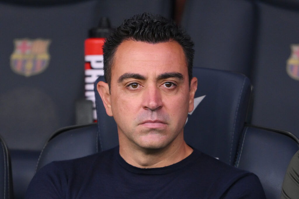 BARCELONA, SPAIN - MAY 19: Xavi, Head Coach of FC Barcelona, looks on prior to the LaLiga EA Sports match between FC Barcelona and Rayo Vallecano at Estadi Olimpic Lluis Companys on May 19, 2024 in Barcelona, Spain.