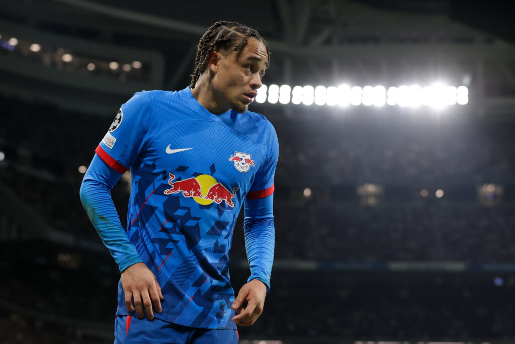 MADRID, SPAIN - MARCH 06: Xavi Simons of RB Leipzig in action during the UEFA Champions League 2023/24 round of 16 second leg match between Real Madrid CF and RB Leipzig at Estadio Santiago Bernabeu on March 06, 2024 in Madrid, Spain.