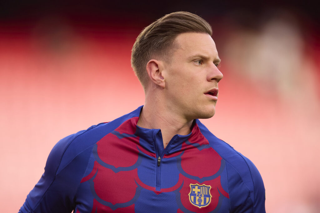 SEVILLE, SPAIN - MAY 26: Marc-Andre ter Stegen of FC Barcelona looks on before the LaLiga EA Sports match between Sevilla FC and FC Barcelona at Estadio Ramon Sanchez Pizjuan on May 26, 2024 in Seville, Spain.