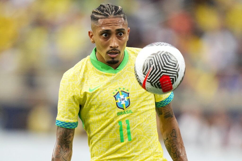 ORLANDO, FLORIDA - JUNE 12: Raphinha #11 of Brazil controls the ball /U during the Continental Clasico 2024 game at Camping World Stadium on June 12, 2024 in Orlando, Florida.