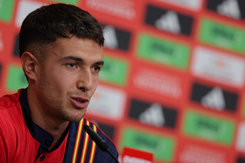 Spain's midfielder #18 Martin Zubimendi addresses a press conference at the team base camp in Donaueschingen, on June 18, 2024, during the UEFA Euro 2024 football Championship.