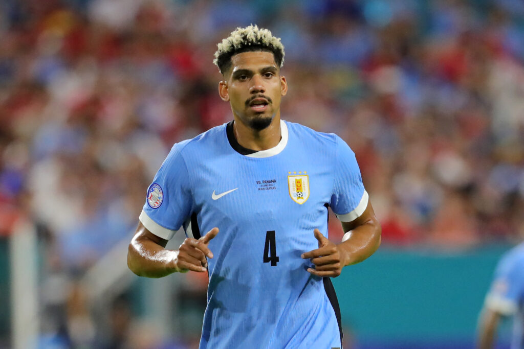 Uruguay's defender #04 Ronald Araujo looks on during the Conmebol 2024 Copa America tournament group C football match between Uruguay and Panama at Hard Rock Stadium in Miami, Florida on June 23, 2024.