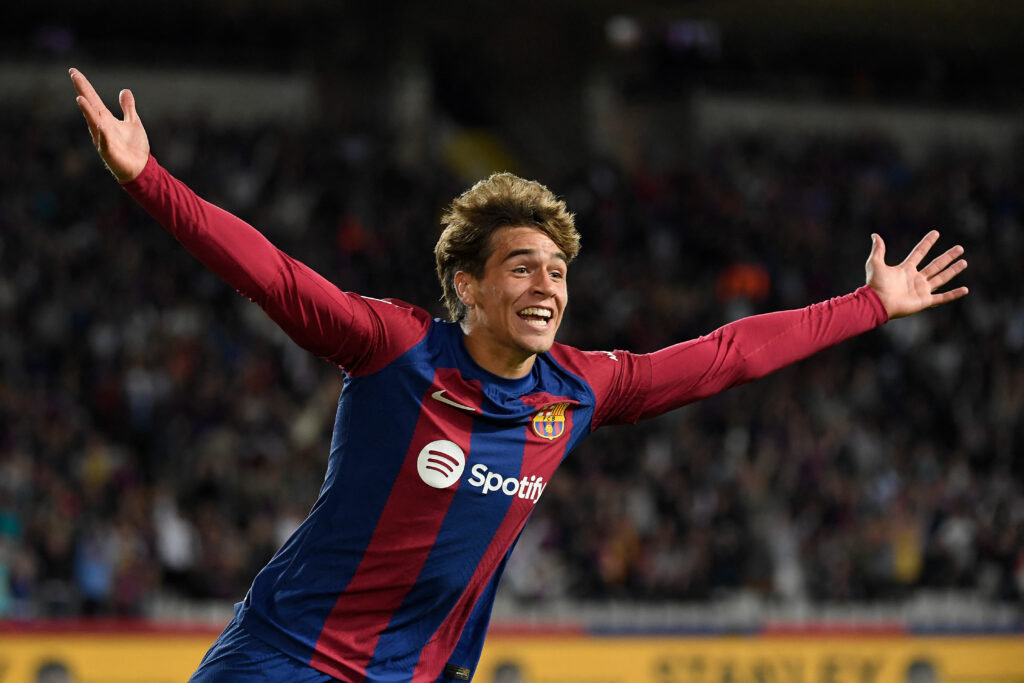 Barcelona's Spanish forward #38 Marc Guiu celebrates after scoring his team's first goal during the Spanish league football match between FC Barcelona and Athletic Club Bilbao at the Estadi Olimpic Lluis Companys in Barcelona on October 22, 2023.