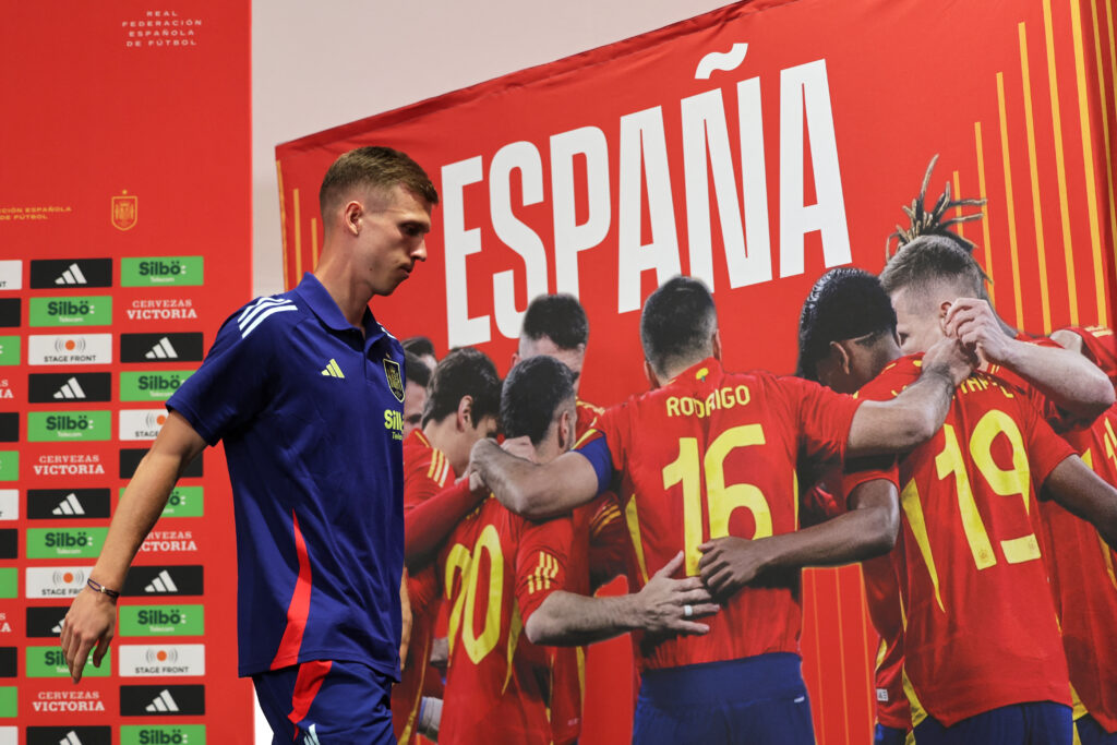 Spain's forward #10 Daniel Olmo arrives at a press conference following the training session of Spain's national football team ahead of the UEFA Euro 2024 football Championship at the team's base camp in Donaueschingen on June 13, 2024.