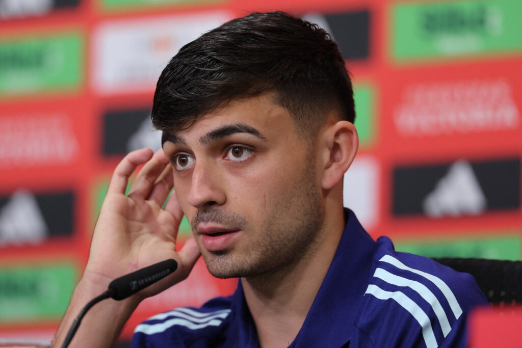 Spain's midfielder #20 Pedri speaks during a press conference at the team's training camp in Donaueschingen on June 11, 2024, ahead of the UEFA EURO 2024 football competition.