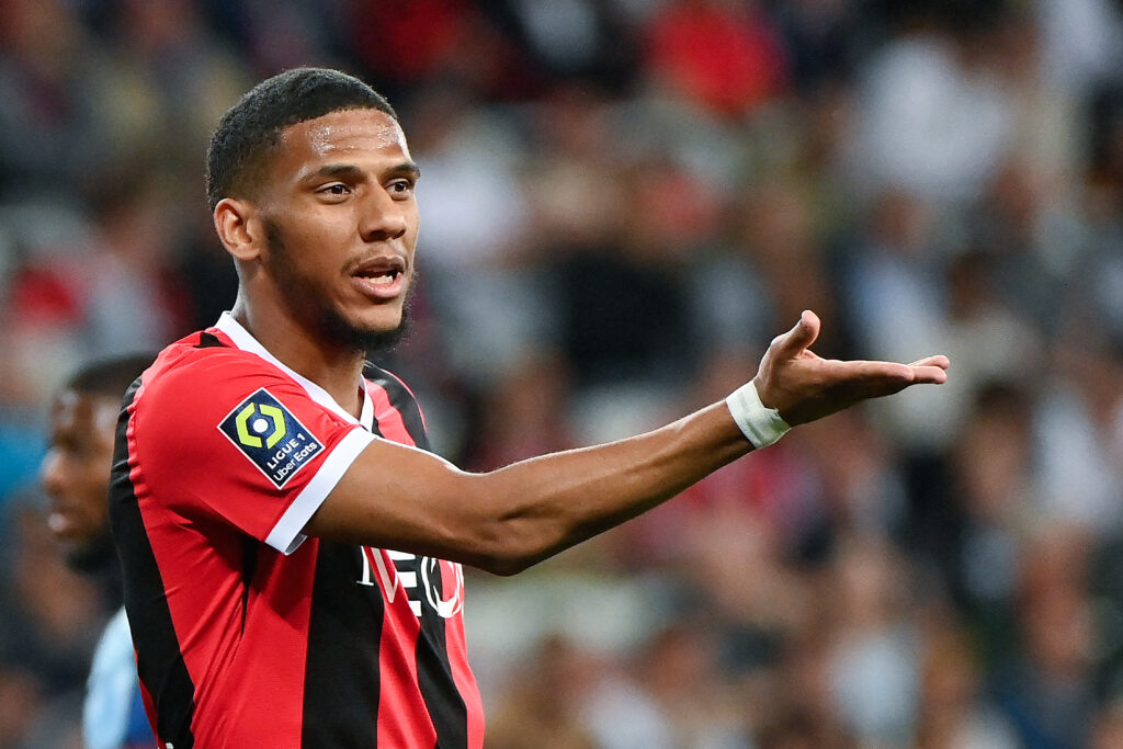 Nice's French defender #06 Jean-Clair Todibo reacts during the French L1 football match between OGC Nice and Le Havre AC at the Allianz Riviera Stadium in Nice, south-eastern France, on May 10, 2024.