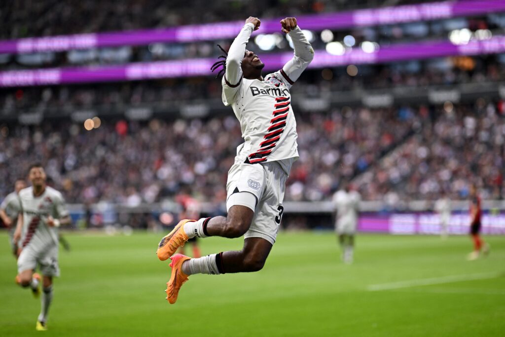 Bayer Leverkusen's Dutch defender #30 Jeremie Frimpong celebrates scoring the 4-1 goal during the German first division Bundesliga football match between Eintracht Frankfurt and Bayer 04 Leverkusen in Frankfurt am Main, western Germany on May 5, 2024.