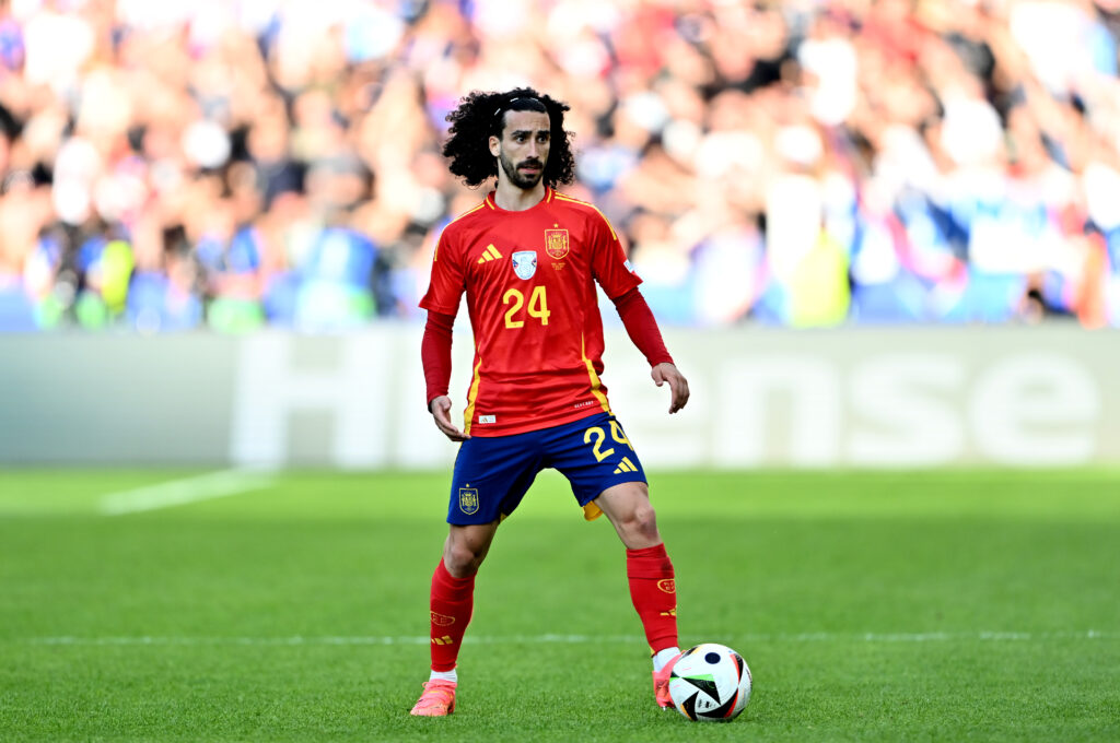 BERLIN, GERMANY - JUNE 15: Marc Cucurella of Spain looks for a pass during the UEFA EURO 2024 group stage match between Spain and Croatia at Olympiastadion on June 15, 2024 in Berlin, Germany.