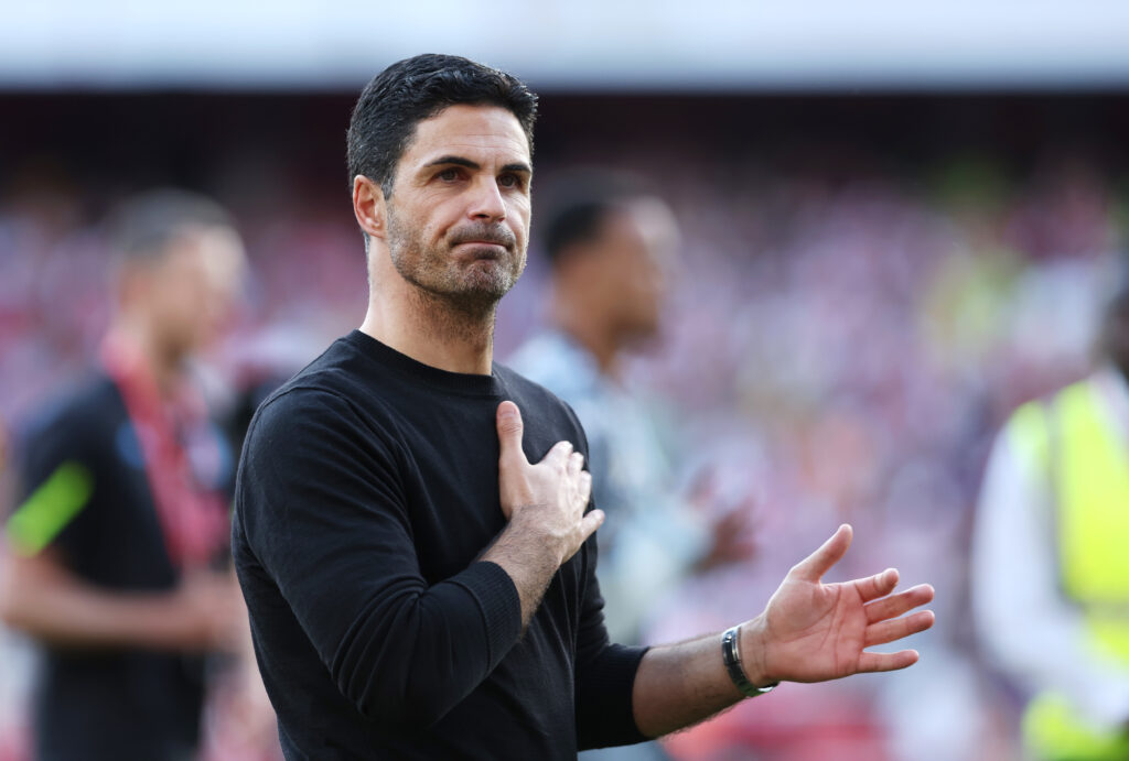 LONDON, ENGLAND - MAY 19: Mikel Arteta, Manager of Arsenal, acknowledges the fans following the Premier League match between Arsenal FC and Everton FC at Emirates Stadium on May 19, 2024 in London, England.