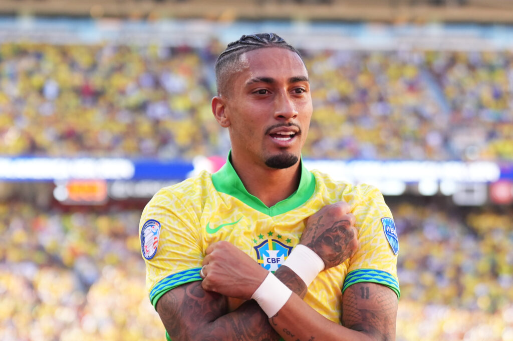 SANTA CLARA, CALIFORNIA - JULY 02: Raphinha of Brazil celebrates after scoring the team's first goal during the CONMEBOL Copa America 2024 Group D match between Brazil and Colombia at Levi's Stadium on July 02, 2024 in Santa Clara, California.