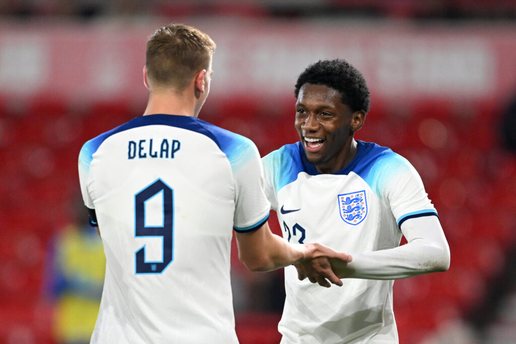 NOTTINGHAM, ENGLAND - OCTOBER 12: Jaden Philogene of England celebrates after scoring the team's sixth goal during the UEFA U21 EURO Qualifier match between England and Serbia at City Ground on October 12, 2023 in Nottingham, England.