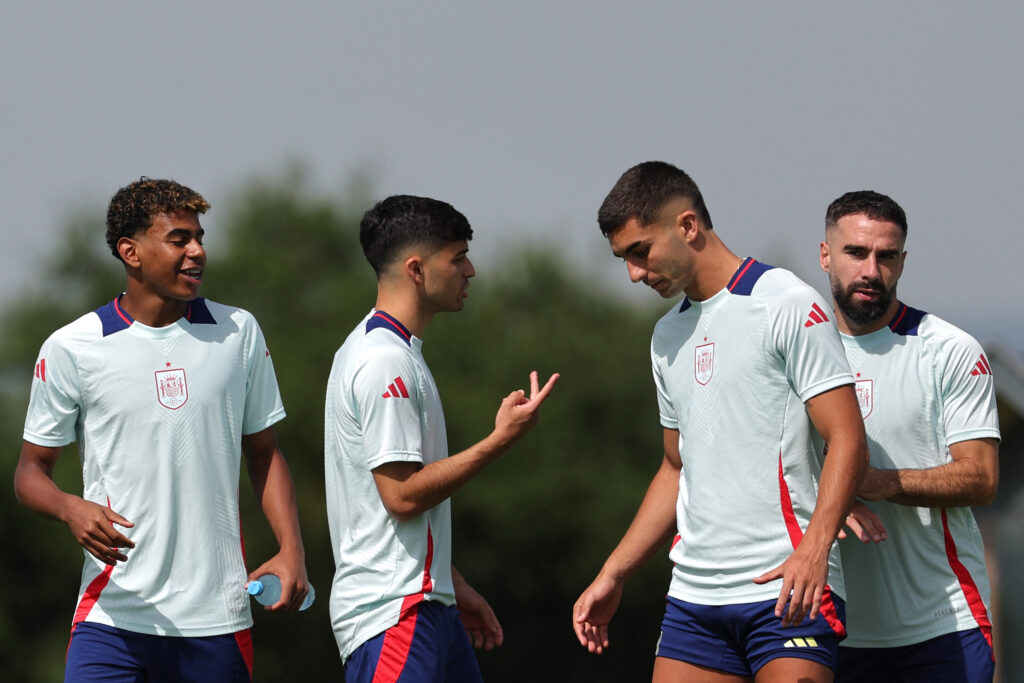 (From L) Spain's forward #19 Lamine Yamal, midfielder #20 Pedri, forward #11 Ferran Torres and defender #02 Dani Carvajal attend a training session at the team's base camp in Donaueschingen on June 29, 2024, on the eve of their UEFA Euro 2024 Round of 16 football match against Georgia.