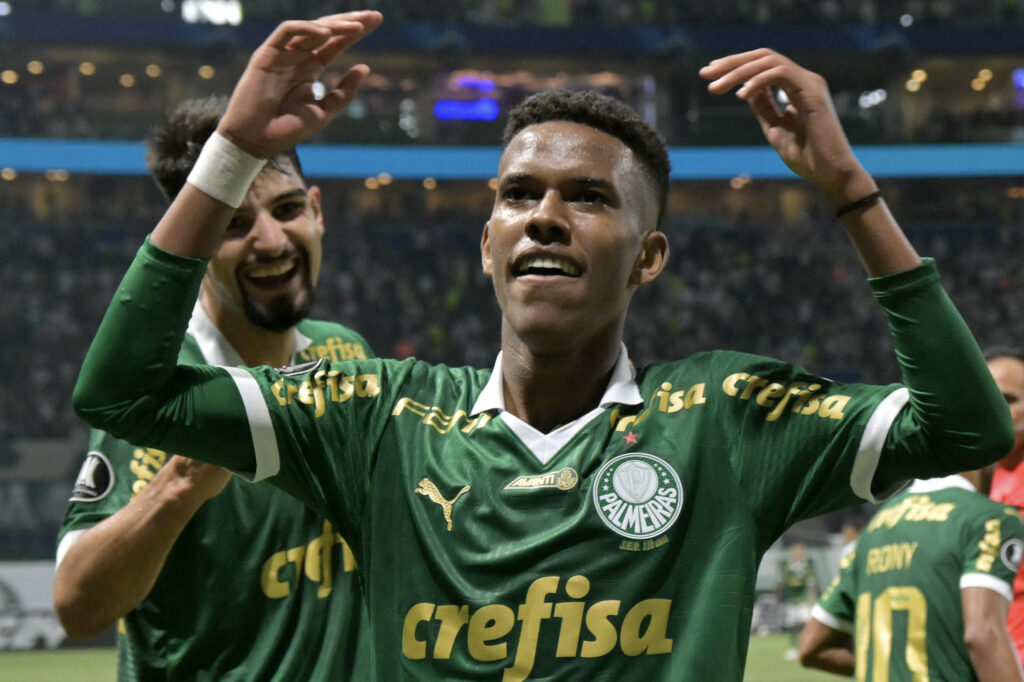 Palmeiras' forward Estevao Willian celebrates after scoring a goal during the Copa Libertadores group stage first leg football match between Brazil's Palmeiras and Uruguay's Liverpool at the Allianz Parque stadium in Sao Paulo, Brazil, on April 11, 2024.