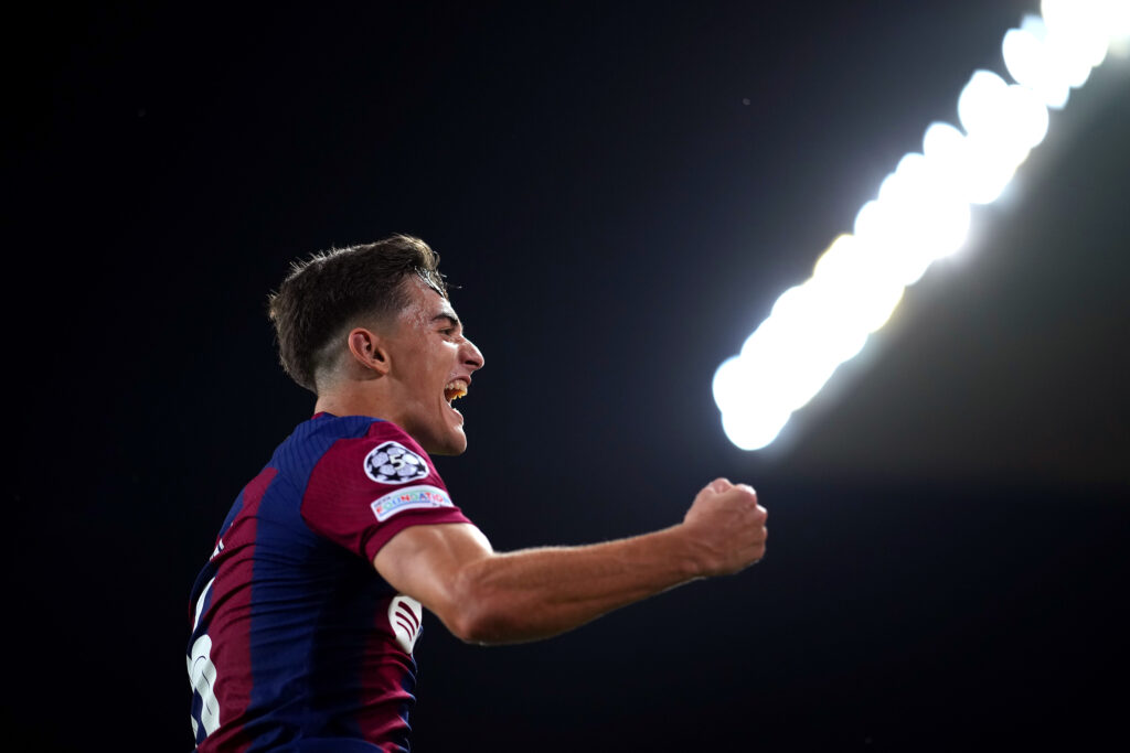 BARCELONA, SPAIN - SEPTEMBER 19: Gavi of Barcelona celebrates after scoring the team's fourth goal during the UEFA Champions League Group H match between FC Barcelona and Royal Antwerp at Estadi Olimpic Lluis Companys on September 19, 2023 in Barcelona, Spain.