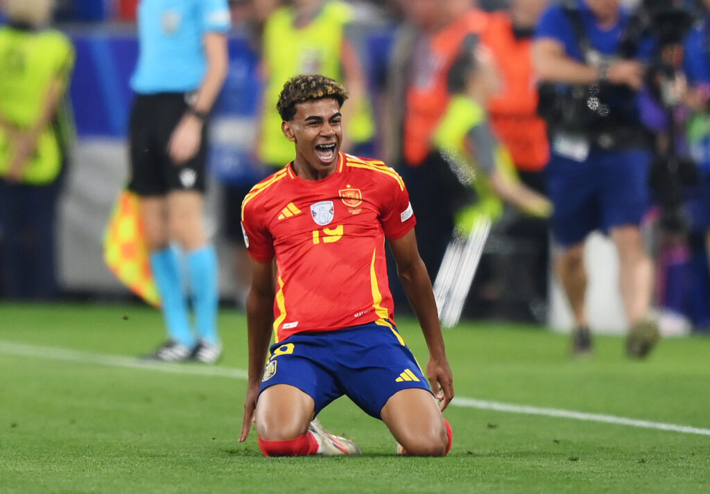 MUNICH, GERMANY - JULY 09: Lamine Yamal of Spain celebrates scoring his team's first goal during the UEFA EURO 2024 Semi-Final match between Spain and France at Munich Football Arena on July 09, 2024 in Munich, Germany.