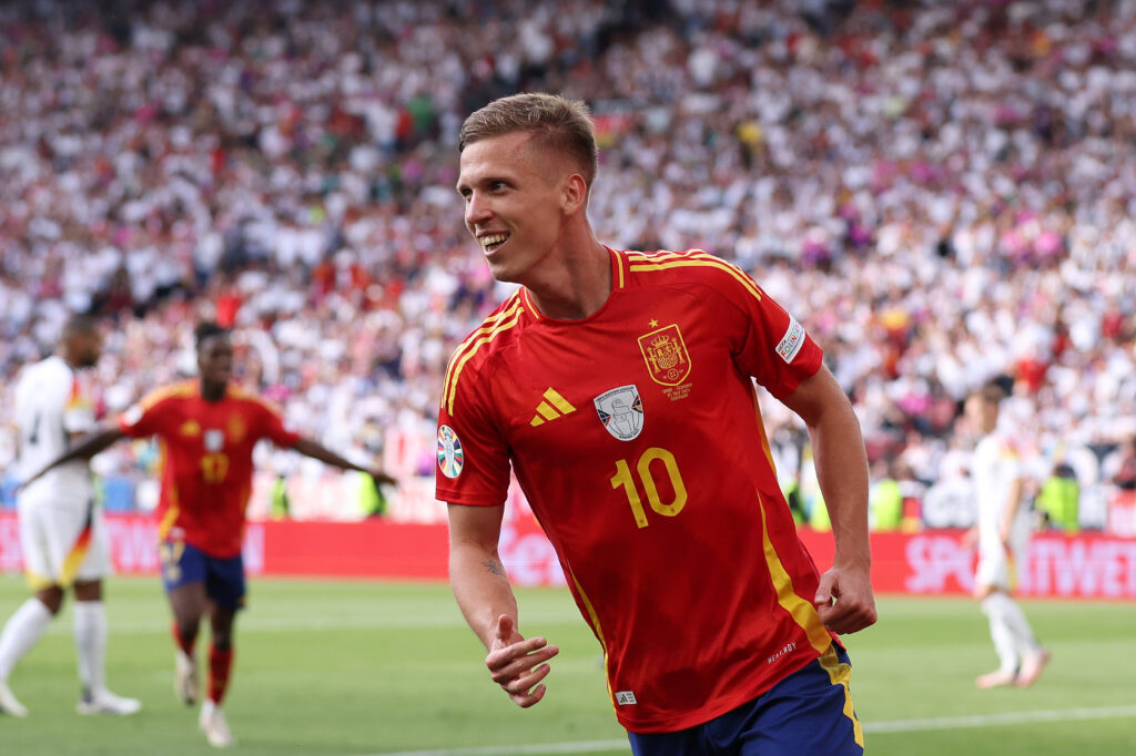 STUTTGART, GERMANY - JULY 05: Dani Olmo of Spain celebrates scoring his team's first goal during the UEFA EURO 2024 quarter-final match between Spain and Germany at Stuttgart Arena on July 05, 2024 in Stuttgart, Germany.