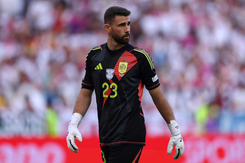 STUTTGART, GERMANY - JULY 05: Goalkeeper, Unai Simon of Spain in action during the UEFA EURO 2024 quarter-final match between Spain and Germany at Stuttgart Arena on July 05, 2024 in Stuttgart, Germany.