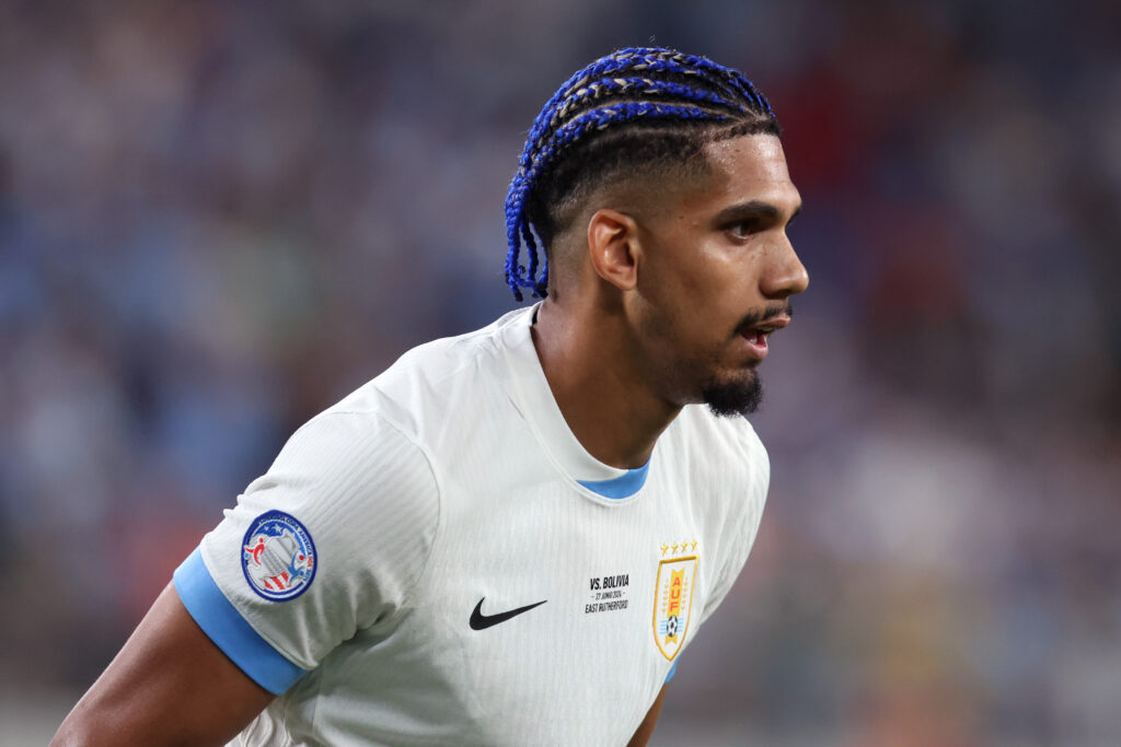 EAST RUTHERFORD, NEW JERSEY - JUNE 27: Ronald Araujo of Uruguay reacts during the CONMEBOL Copa America 2024 Group C match between Uruguay and Bolivia at MetLife Stadium on June 27, 2024 in East Rutherford, New Jersey.