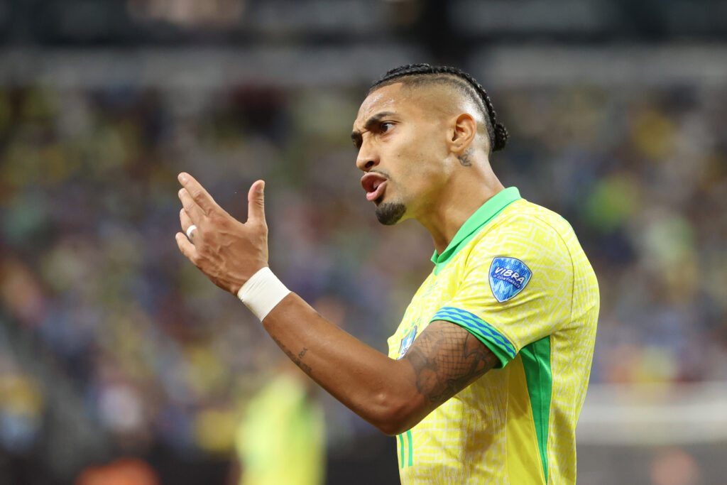 LAS VEGAS, NEVADA - JULY 06: Raphinha of Brazil reacts during the CONMEBOL Copa America 2024 quarter-final match between Uruguay and Brazil at Allegiant Stadium on July 06, 2024 in Las Vegas, Nevada.