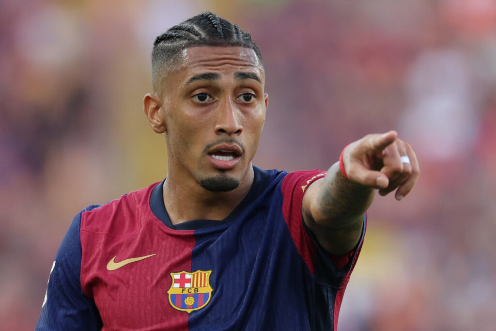 Barcelona's Brazilian forward #11 Raphinha gestures during the Spanish league football match between FC Barcelona and Athletic Club Bilbao at the Estadi Olimpic Lluis Companys in Barcelona on August 24, 2024.