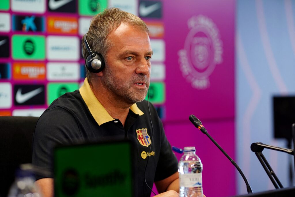 Barcelona's German coach Hansi Flick talks during a press conference of the Spanish league football match between Valencia CF and FC Barcelona, at the Estadi Olimpic Lluis Companys in Barcelona on August 16, 2024.